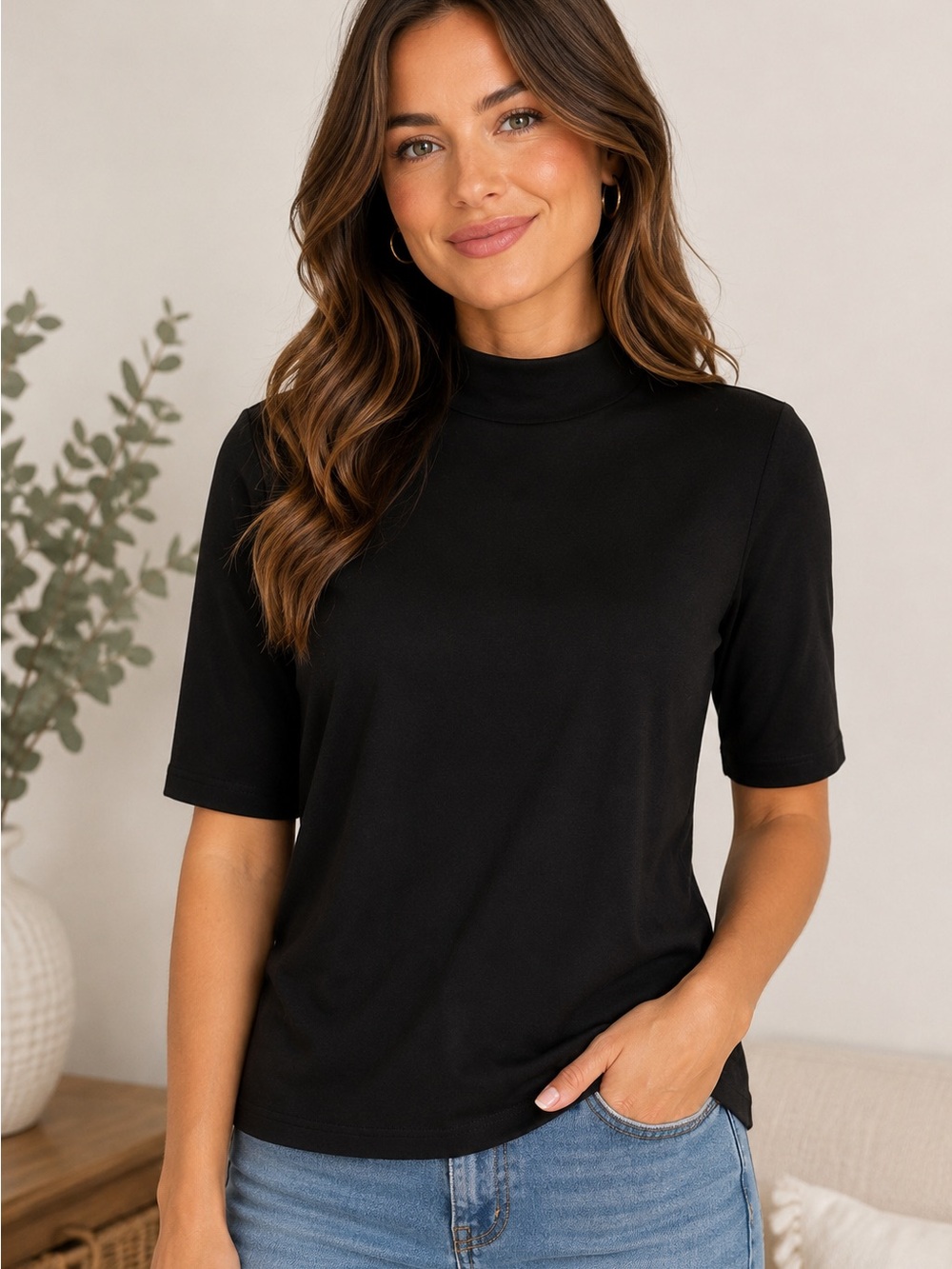 Women's Black Short-Sleeve Mock Neck Tee
